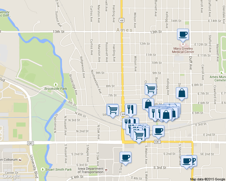 map of restaurants, bars, coffee shops, grocery stores, and more near 753 Hodge Avenue in Ames