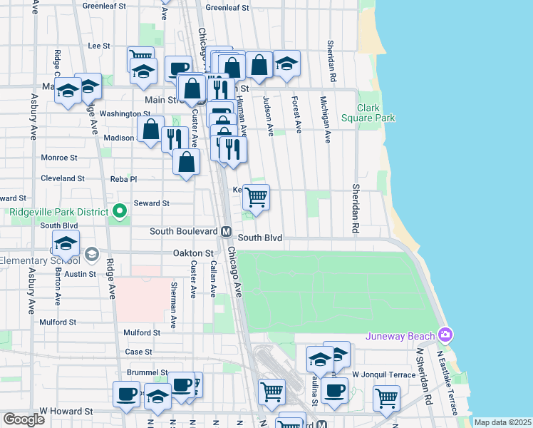 map of restaurants, bars, coffee shops, grocery stores, and more near 551 Hinman Avenue in Evanston