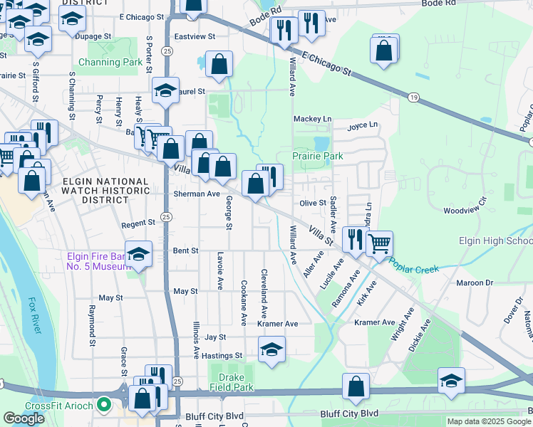 map of restaurants, bars, coffee shops, grocery stores, and more near 788 Villa Street in Elgin