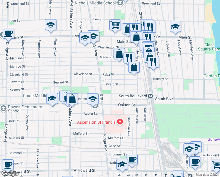 map of restaurants, bars, coffee shops, grocery stores, and more near 832 Seward Street in Evanston