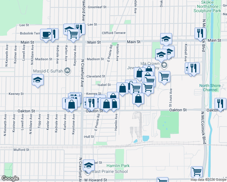 map of restaurants, bars, coffee shops, grocery stores, and more near 3806 Keeney Street in Skokie