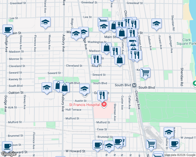 map of restaurants, bars, coffee shops, grocery stores, and more near 832 Seward Street in Evanston