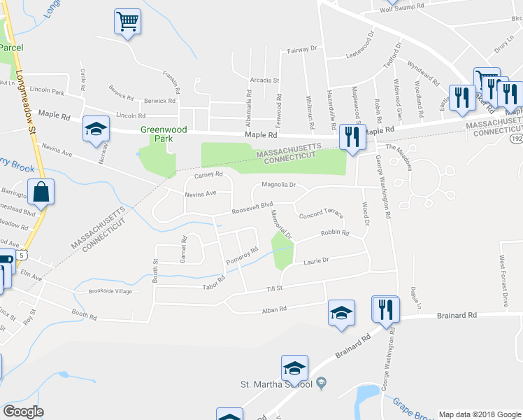 map of restaurants, bars, coffee shops, grocery stores, and more near 39 Roosevelt Boulevard in Enfield