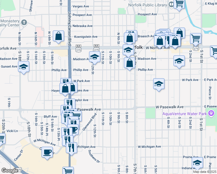 map of restaurants, bars, coffee shops, grocery stores, and more near 400-498 S 10th St in Norfolk