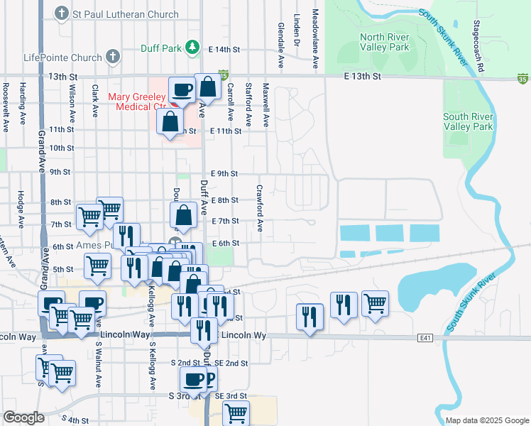map of restaurants, bars, coffee shops, grocery stores, and more near 713 Crawford Avenue in Ames