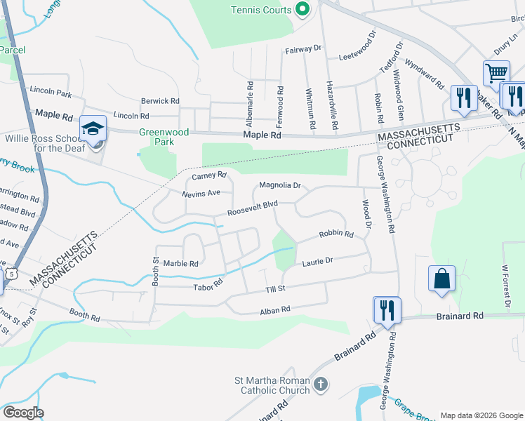 map of restaurants, bars, coffee shops, grocery stores, and more near 39 Roosevelt Boulevard in Enfield