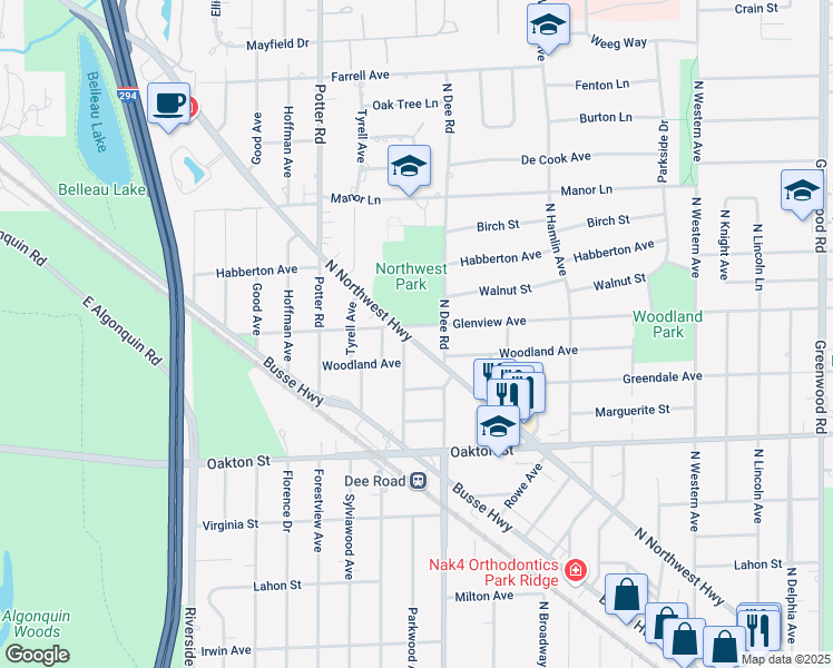 map of restaurants, bars, coffee shops, grocery stores, and more near 2323 Glenview Avenue in Park Ridge