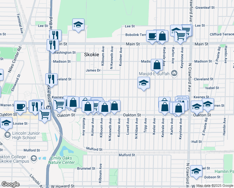 map of restaurants, bars, coffee shops, grocery stores, and more near 8112 Kostner Avenue in Skokie