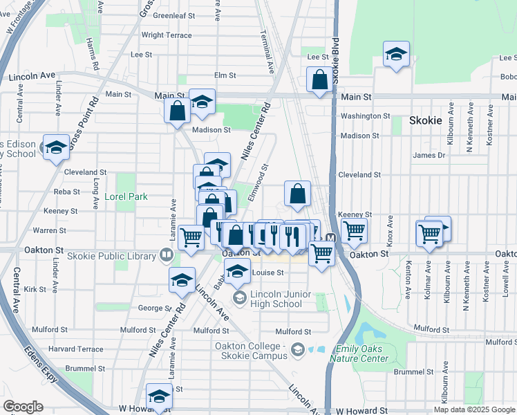 map of restaurants, bars, coffee shops, grocery stores, and more near 8106 Niles Avenue in Skokie