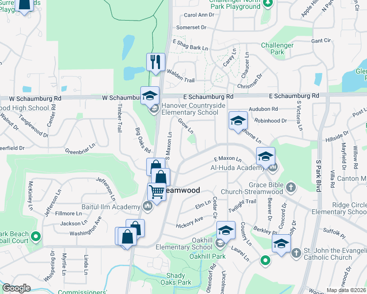 map of restaurants, bars, coffee shops, grocery stores, and more near 115 South Chestnut Drive in Streamwood