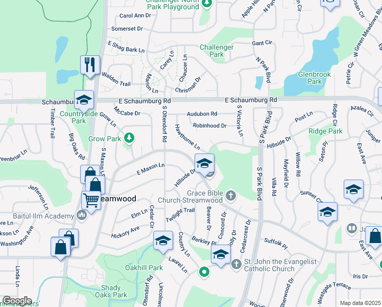 map of restaurants, bars, coffee shops, grocery stores, and more near 42 Hawthorne Lane in Streamwood