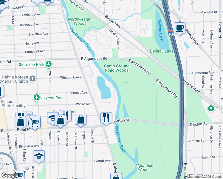 map of restaurants, bars, coffee shops, grocery stores, and more near 2000 Berry Lane in Des Plaines