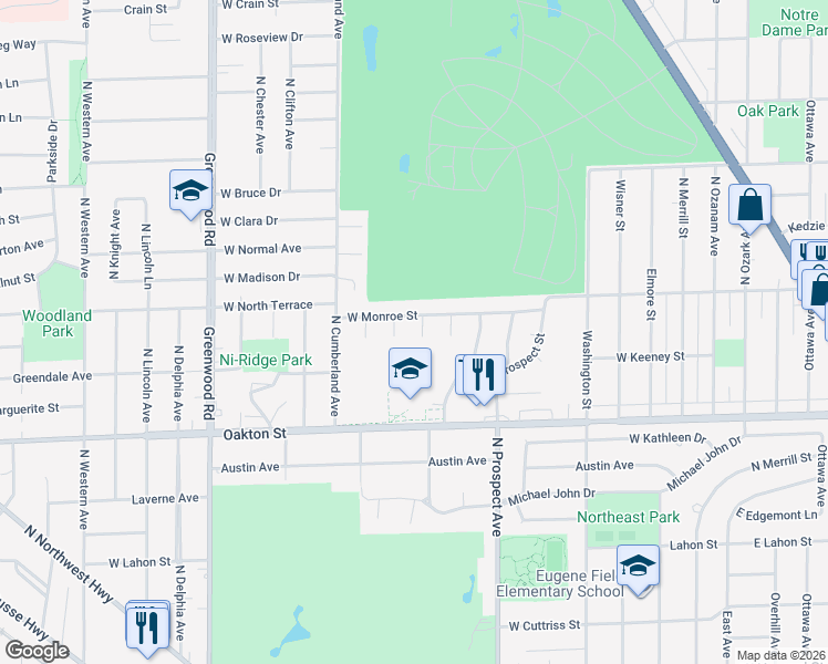 map of restaurants, bars, coffee shops, grocery stores, and more near 8150 Meacham Court in Niles