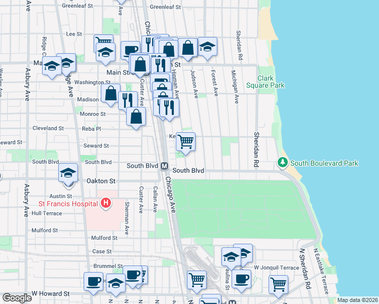 map of restaurants, bars, coffee shops, grocery stores, and more near 551 Hinman Avenue in Evanston