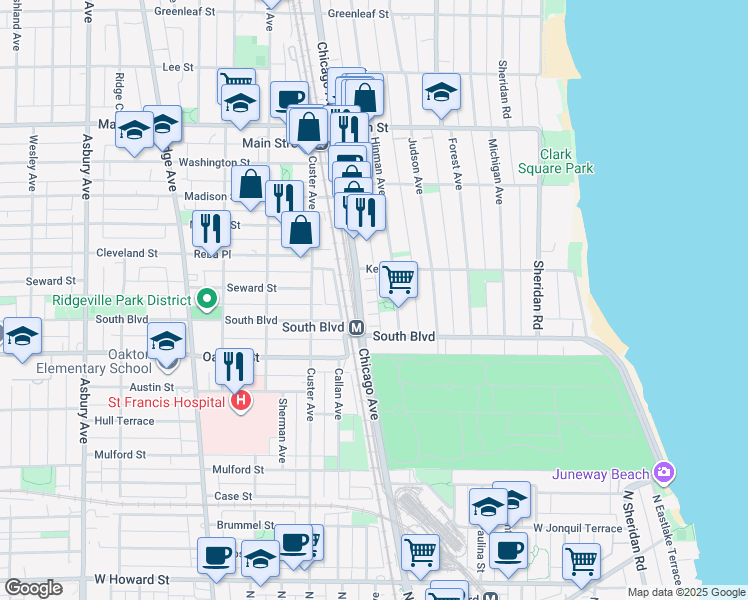 map of restaurants, bars, coffee shops, grocery stores, and more near 527D Chicago Avenue in Evanston