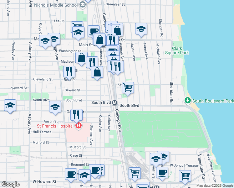 map of restaurants, bars, coffee shops, grocery stores, and more near 527D Chicago Avenue in Evanston