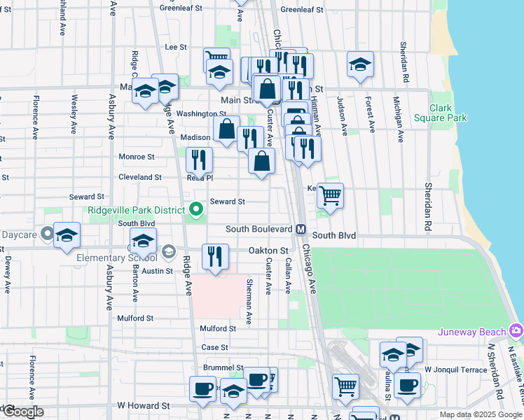 map of restaurants, bars, coffee shops, grocery stores, and more near 710 Seward Street in Evanston