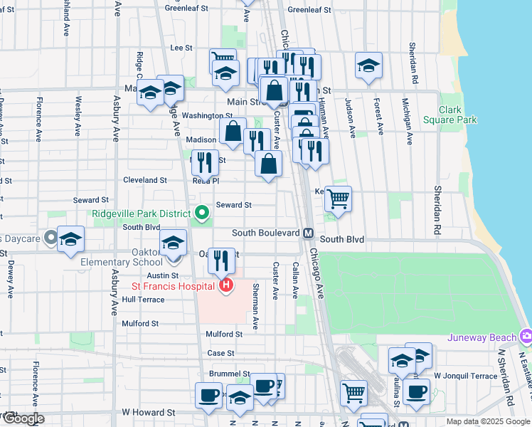 map of restaurants, bars, coffee shops, grocery stores, and more near 710 Seward Street in Evanston