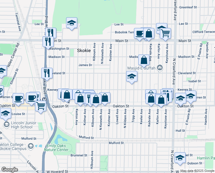 map of restaurants, bars, coffee shops, grocery stores, and more near 8112 Kostner Avenue in Skokie