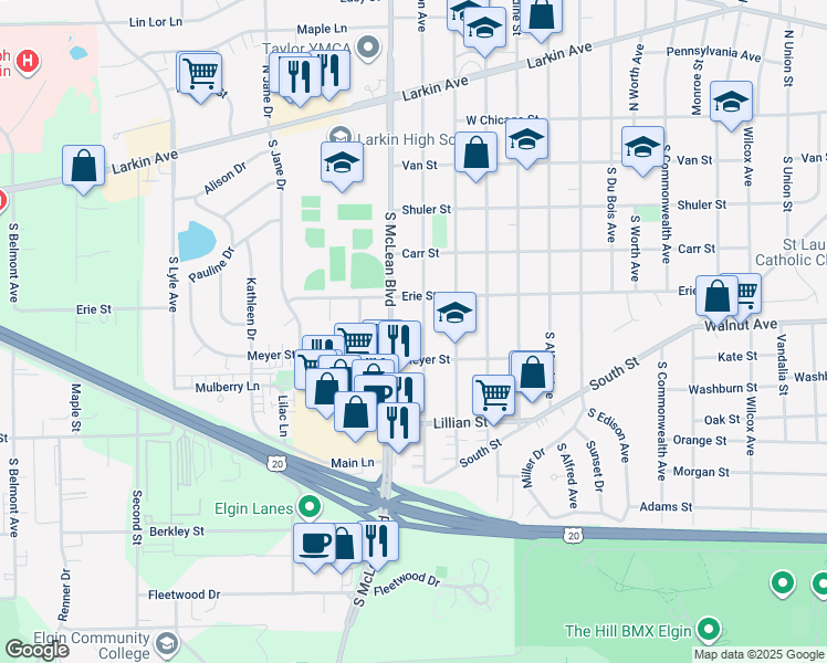 map of restaurants, bars, coffee shops, grocery stores, and more near 224 South Weston Avenue in Elgin