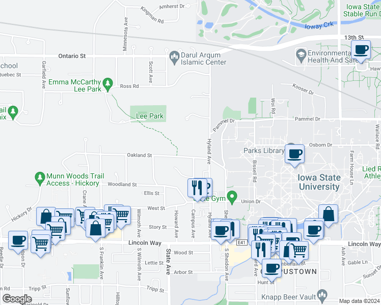 map of restaurants, bars, coffee shops, grocery stores, and more near 2901 Oakland Street in Ames
