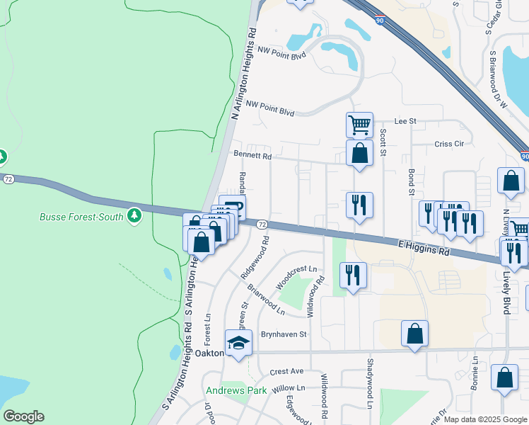 map of restaurants, bars, coffee shops, grocery stores, and more near 390 East Higgins Road in Elk Grove Village