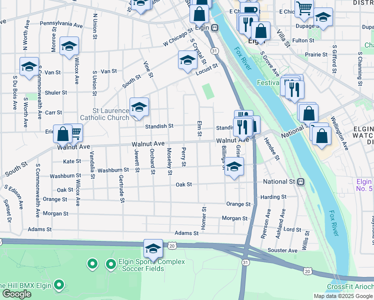 map of restaurants, bars, coffee shops, grocery stores, and more near 313 Perry Street in Elgin