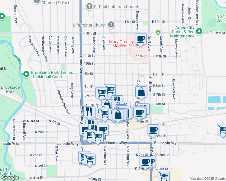 map of restaurants, bars, coffee shops, grocery stores, and more near 711 Burnett Avenue in Ames