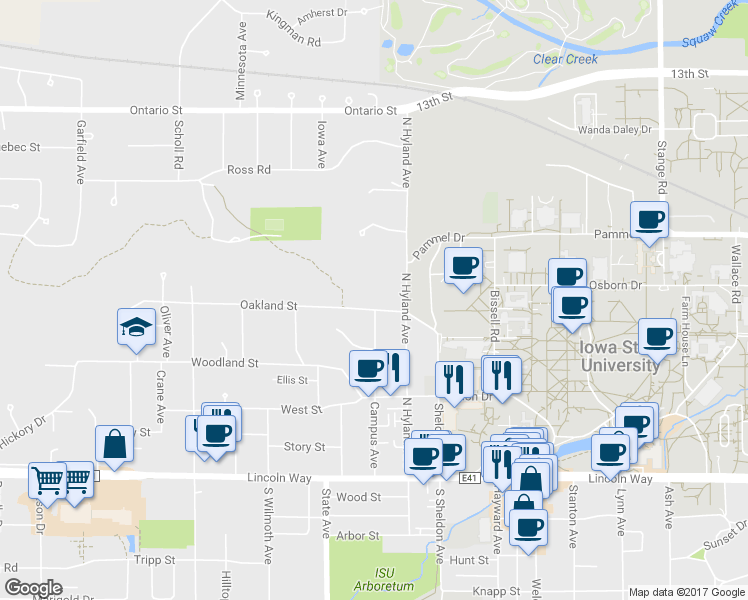 map of restaurants, bars, coffee shops, grocery stores, and more near 2901 Oakland Street in Ames
