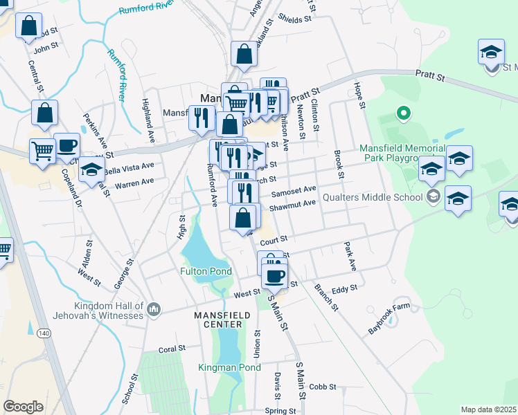 map of restaurants, bars, coffee shops, grocery stores, and more near 26 Bristol Street in Mansfield