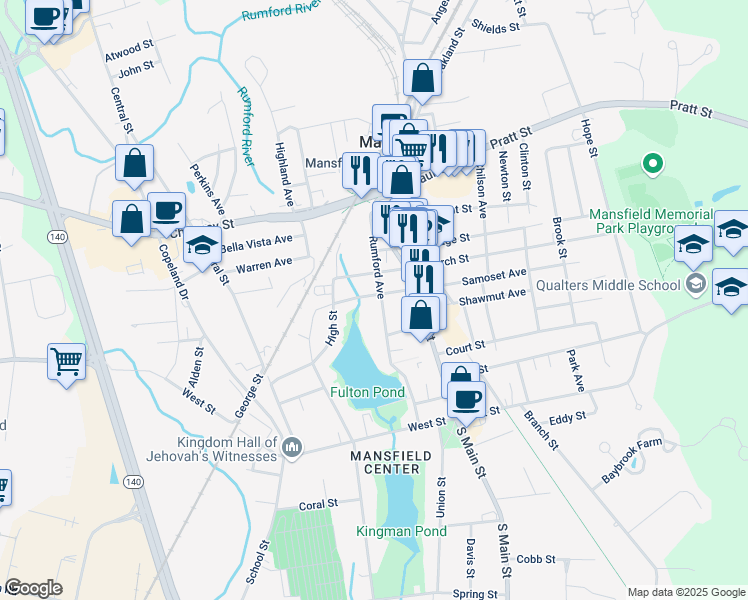 map of restaurants, bars, coffee shops, grocery stores, and more near 122 Rumford Avenue in Mansfield
