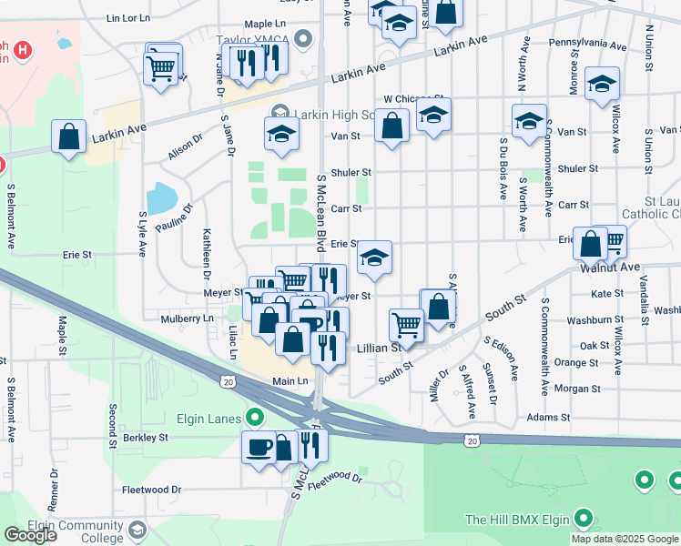 map of restaurants, bars, coffee shops, grocery stores, and more near 224 South Weston Avenue in Elgin
