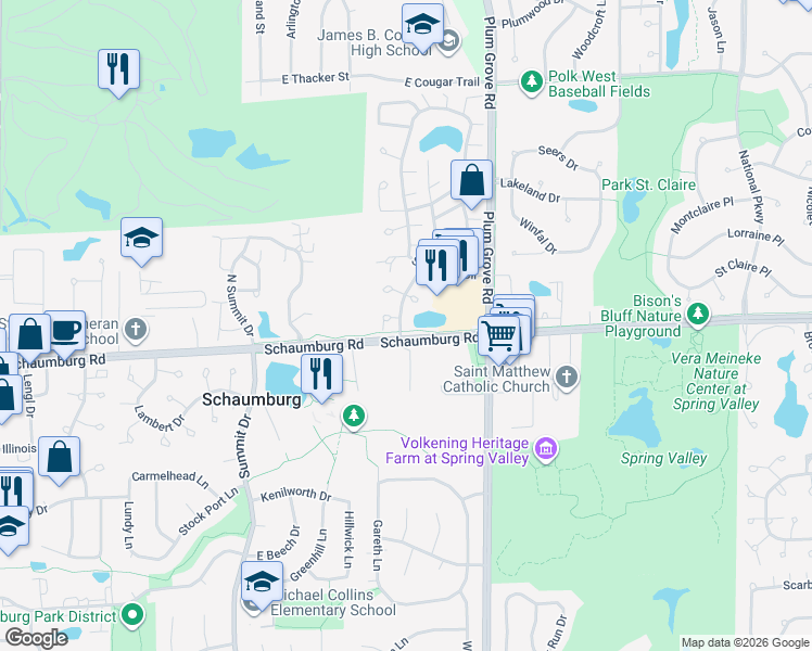 map of restaurants, bars, coffee shops, grocery stores, and more near 1 Trails Drive in Schaumburg