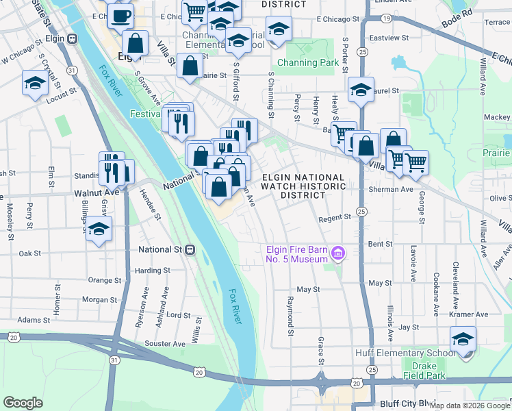 map of restaurants, bars, coffee shops, grocery stores, and more near 251 Bartlett Place in Elgin