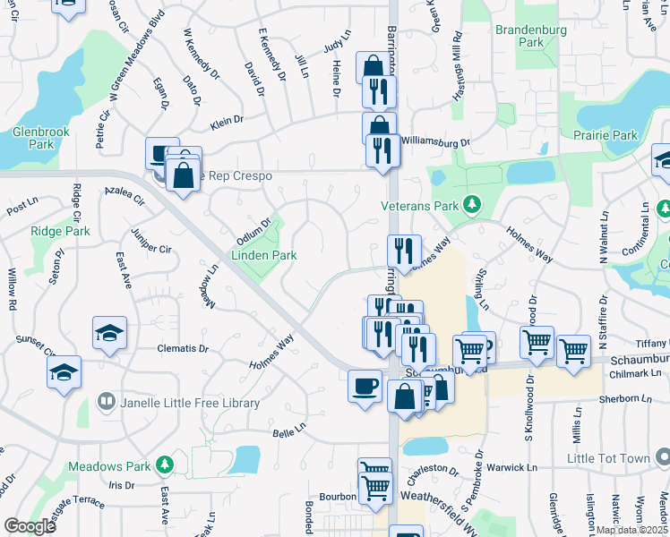 map of restaurants, bars, coffee shops, grocery stores, and more near 2702 Holmes Way in Schaumburg