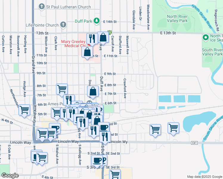 map of restaurants, bars, coffee shops, grocery stores, and more near 711 Carroll Avenue in Ames