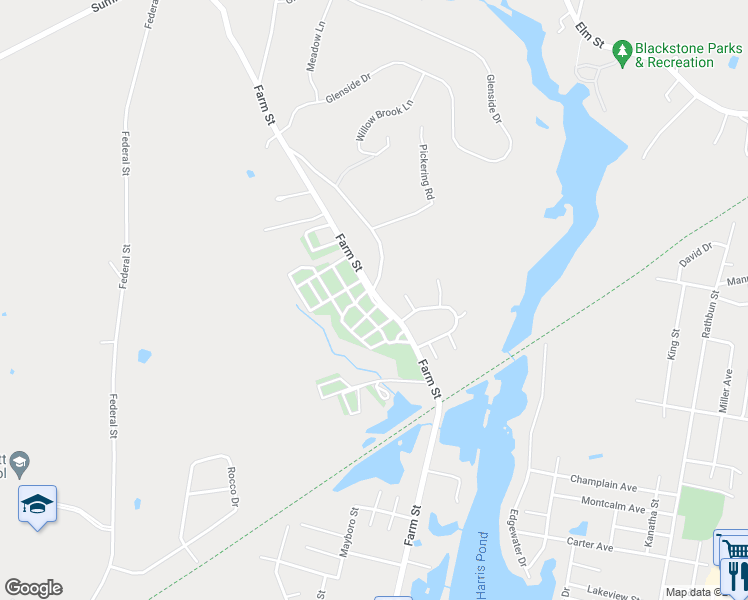 map of restaurants, bars, coffee shops, grocery stores, and more near 102 Farm Street in Blackstone