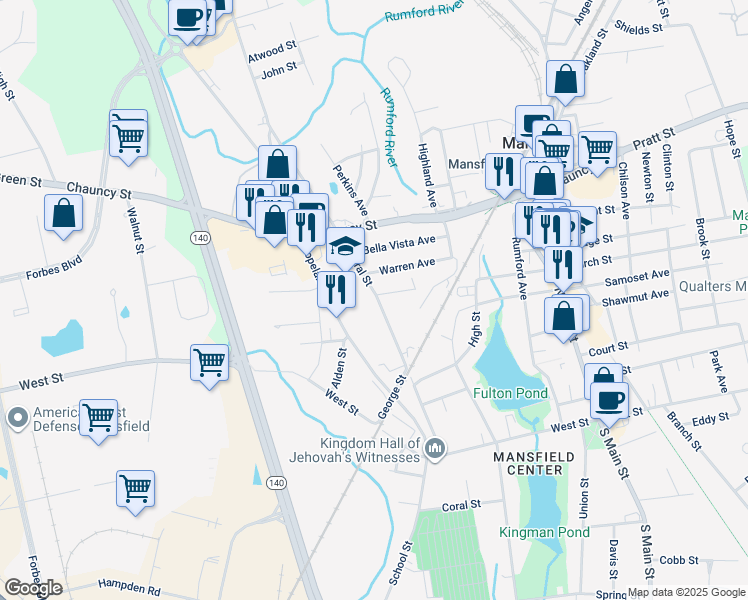 map of restaurants, bars, coffee shops, grocery stores, and more near 148 Central Street in Mansfield