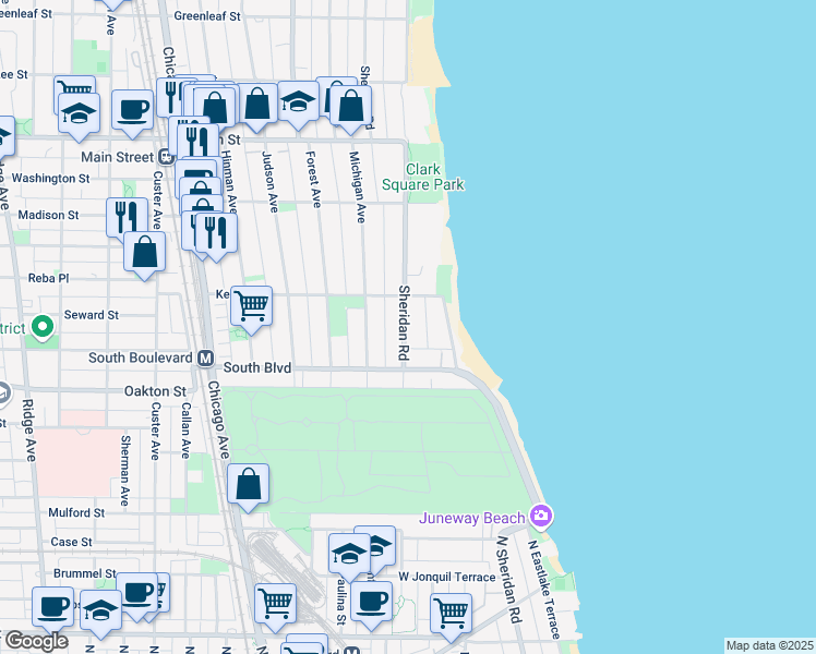 map of restaurants, bars, coffee shops, grocery stores, and more near 551 Sheridan Road in Evanston