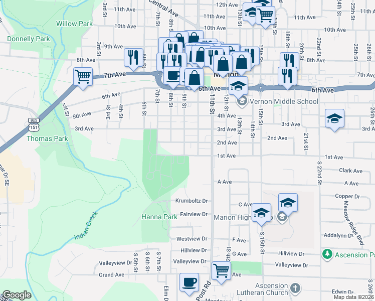 map of restaurants, bars, coffee shops, grocery stores, and more near 123 9th Street in Marion