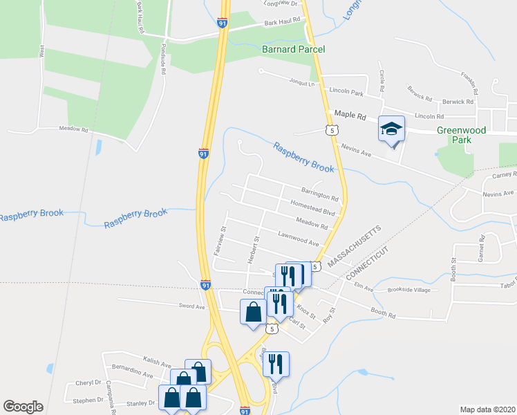 map of restaurants, bars, coffee shops, grocery stores, and more near 128 Meadow Road in Longmeadow