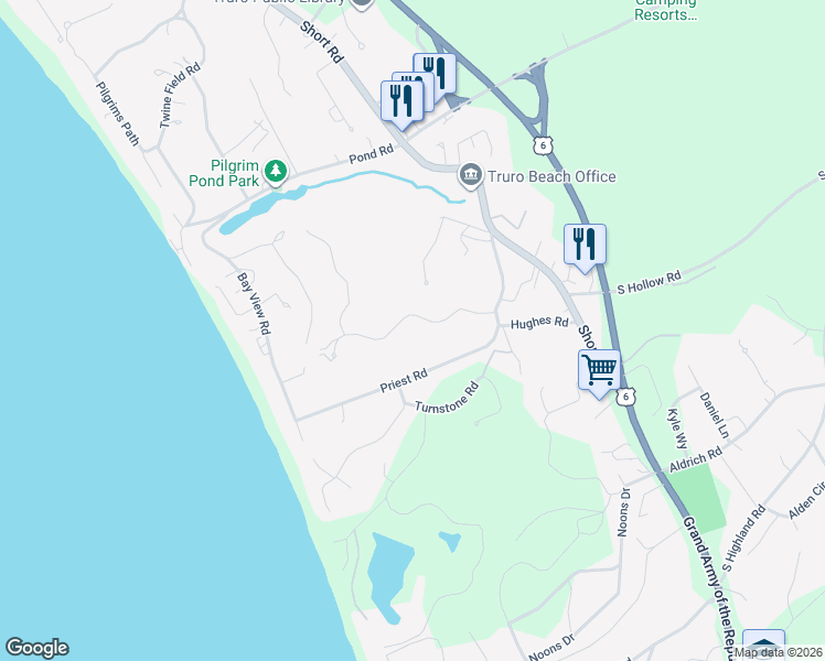 map of restaurants, bars, coffee shops, grocery stores, and more near 14 Sawyer Grove Road in Truro