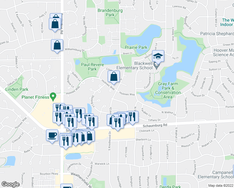 map of restaurants, bars, coffee shops, grocery stores, and more near 2317 Holmes Way in Schaumburg