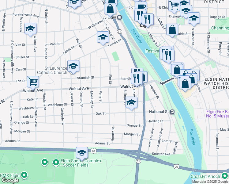map of restaurants, bars, coffee shops, grocery stores, and more near 306 Wheelock Street in Elgin