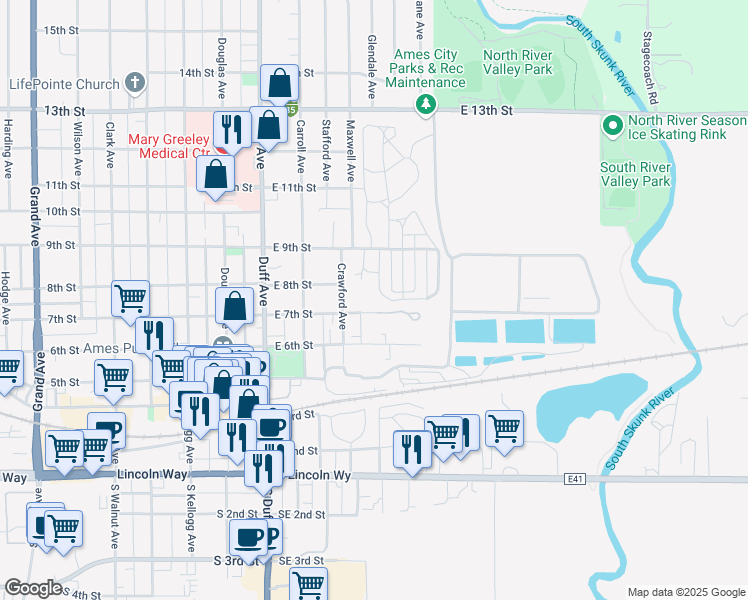 map of restaurants, bars, coffee shops, grocery stores, and more near 327 East 7th Street in Ames