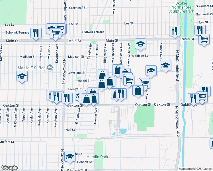 map of restaurants, bars, coffee shops, grocery stores, and more near 8107 Ridgeway Avenue in Skokie