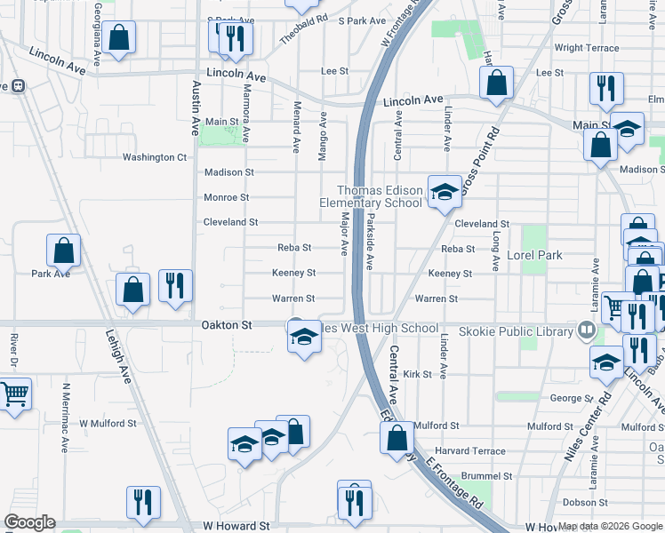 map of restaurants, bars, coffee shops, grocery stores, and more near 5708 Keeney Street in Morton Grove