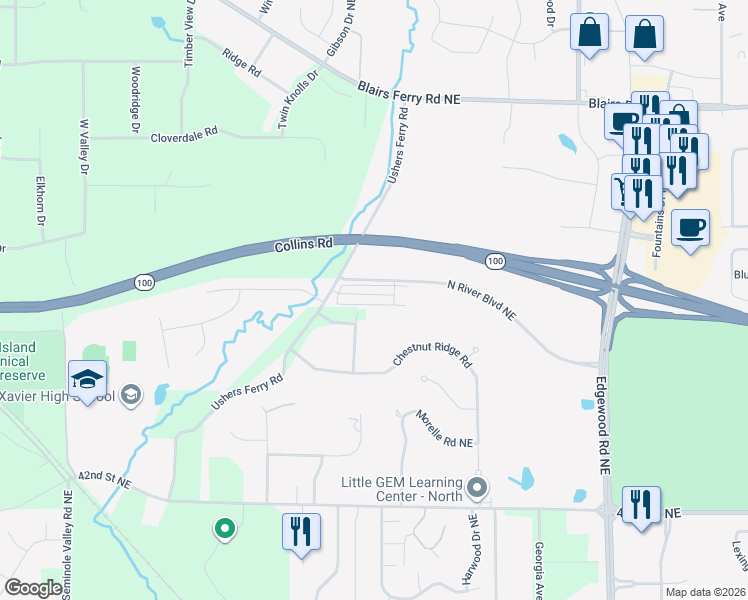 map of restaurants, bars, coffee shops, grocery stores, and more near 5267 North River Boulevard Northeast in Cedar Rapids