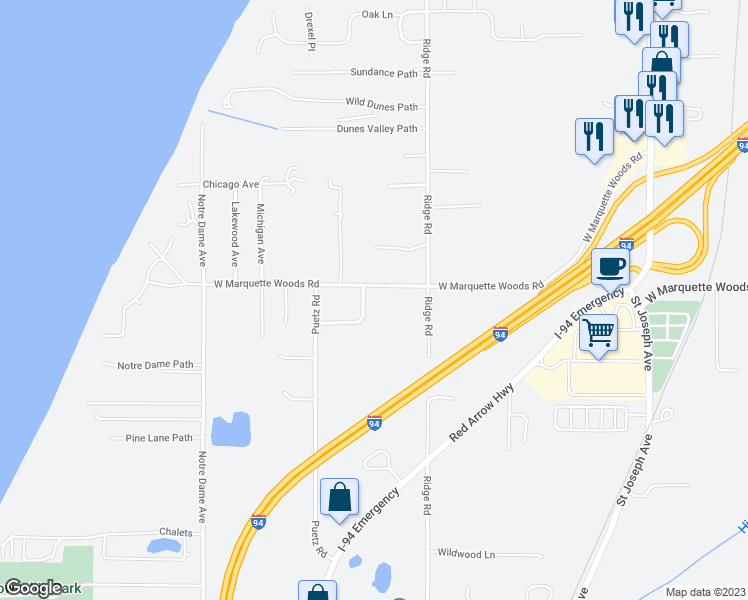 map of restaurants, bars, coffee shops, grocery stores, and more near 3016 Thresa Drive in Stevensville