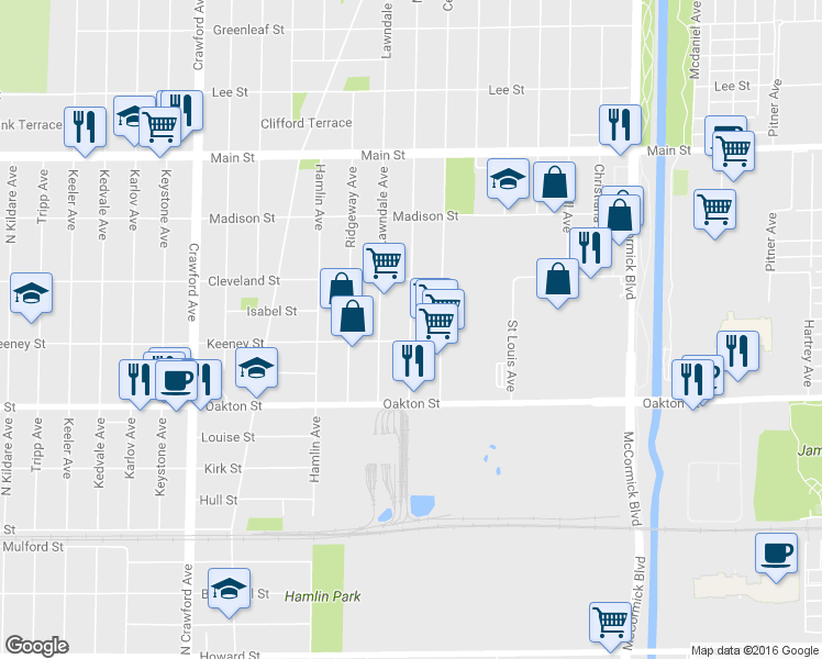 map of restaurants, bars, coffee shops, grocery stores, and more near 8110 Monticello Ave in Skokie